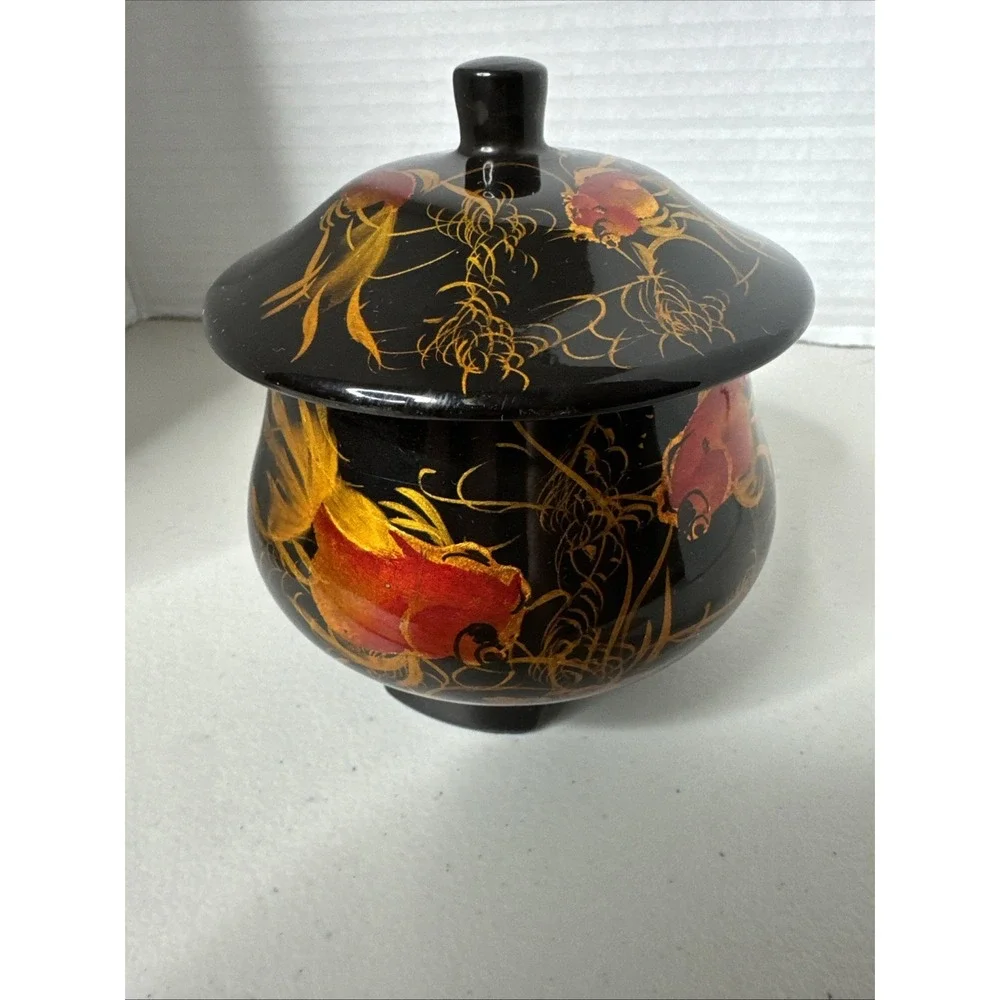 Vintage Singapore Black Lacquer Ware Lid Pot Hand Painted Koi Carp Fish